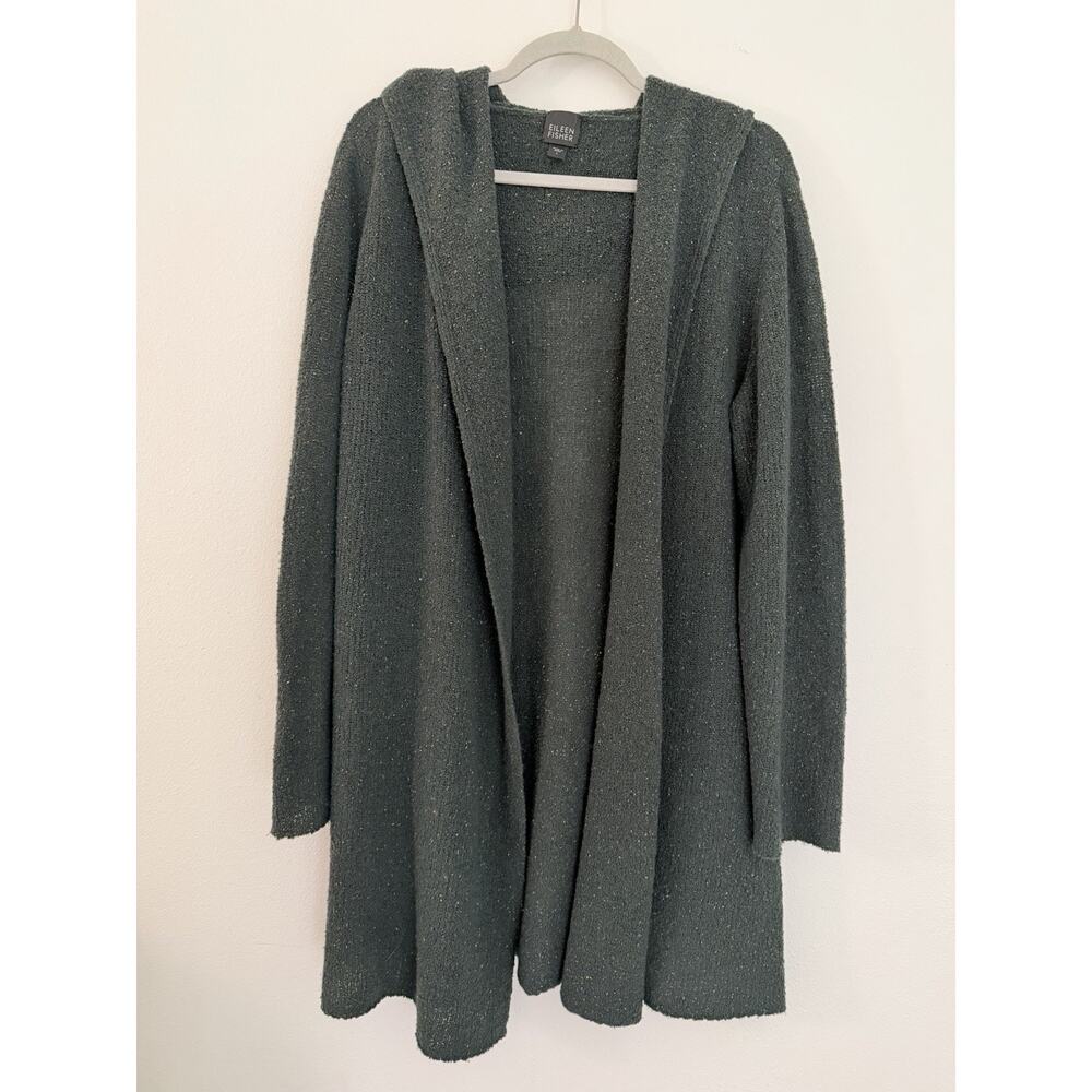 Eileen Fisher Wool Silk Long Cardigan Sz L Open Front Speckled Hooded Minimalist - Picture 3 of 10